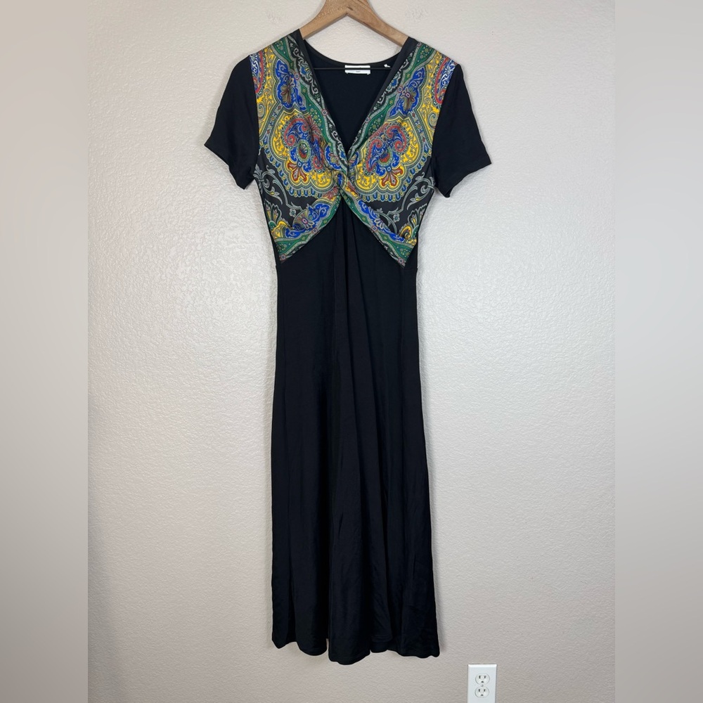 SANDRO Rabba Printed Satin Twill paneled Jersey Midi Dress Black size 6 $695 - Picture 7 of 16